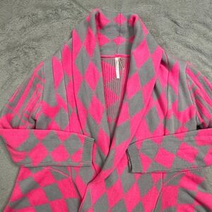 EKKLESIA Pink Gray Argyle Diamond Pattern Shawl Collar Cardign Sweater Women S/M